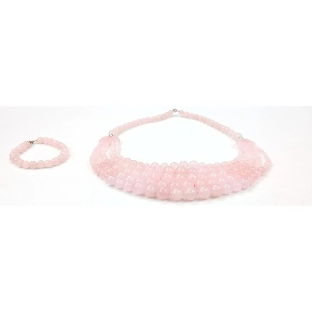 Graduated Pink Rose Quartz Beaded Bib Necklace & Bracelet Sterling Silver 925 - Picture 3 of 10